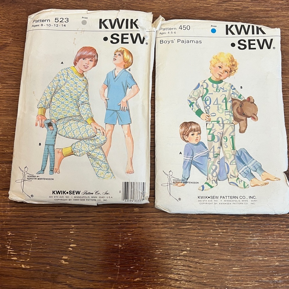 Lot of 2 Vintage Kwik Sew Pajama Patterns – #450 & #523 – Boys’ Sizes 4–14